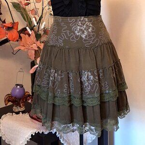 Preowned Olive Green Ruffle Tiered A-line Flared Short Lined Skirt